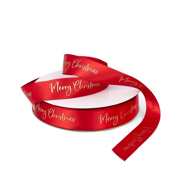 Christmas Ribbons | Gold Merry Christmas On Red Single Sided Satin Ribbon – Woven Edge 25Mm X 45M Christmas Christmas Ribbons