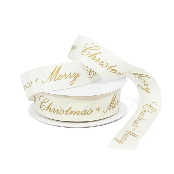 Christmas Ribbons | Off White Fabric Ribbon With Metallic Gold Merry Christmas 25Mm X 25M Christmas Christmas Ribbons