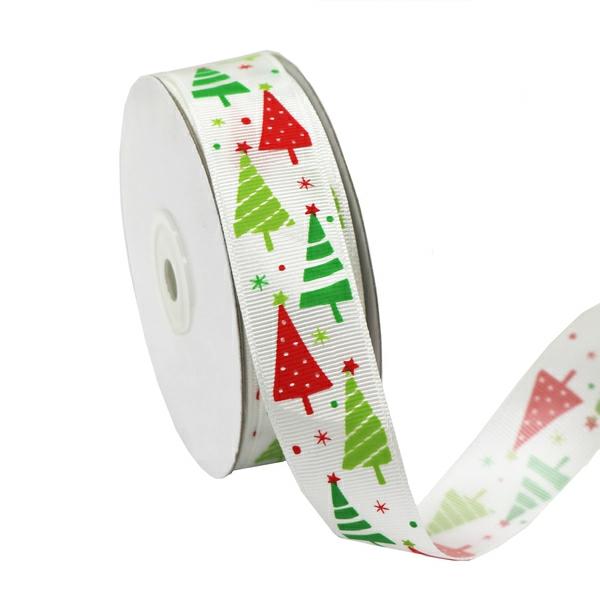 Christmas Ribbons | White Grosgrain Ribbon With Christmas Trees – 24Mm X 25M Christmas Christmas Ribbons