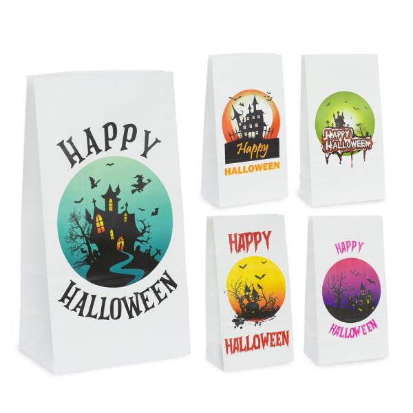 Halloween Bags | Halloween – White Kraft Paper Bag Assorted Pack – Full Moon Bags Halloween Bags