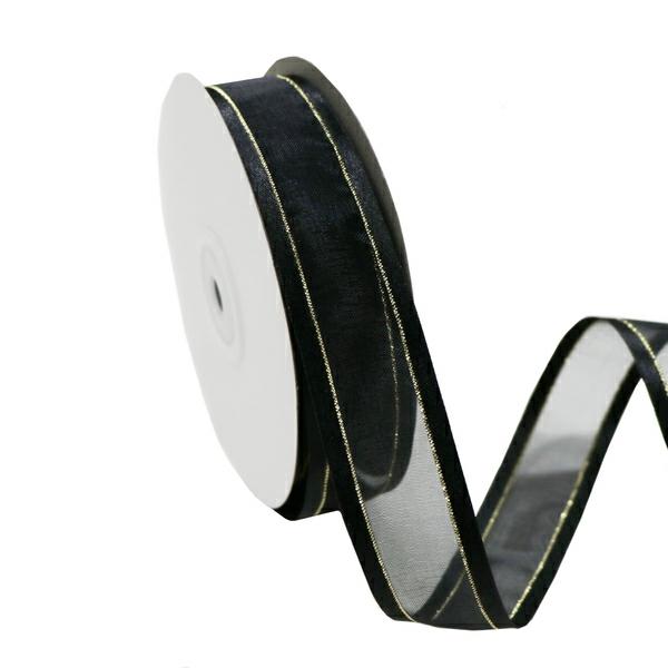 Organza Ribbon | Black Satin Edge Organza With Gold Thread Ribbon – 25Mm X 25M Organza Ribbon Organza Ribbon