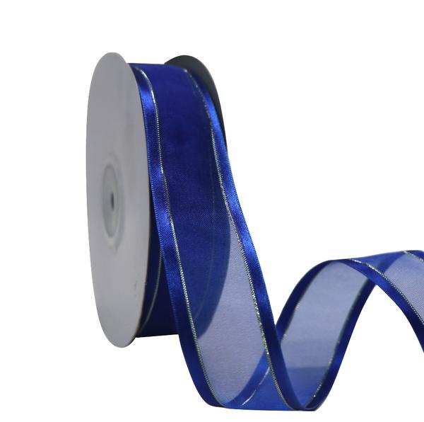 Organza Ribbon | Blue Satin Edge Organza With Gold Thread Ribbon – 25Mm X 25M Organza Ribbon Organza Ribbon