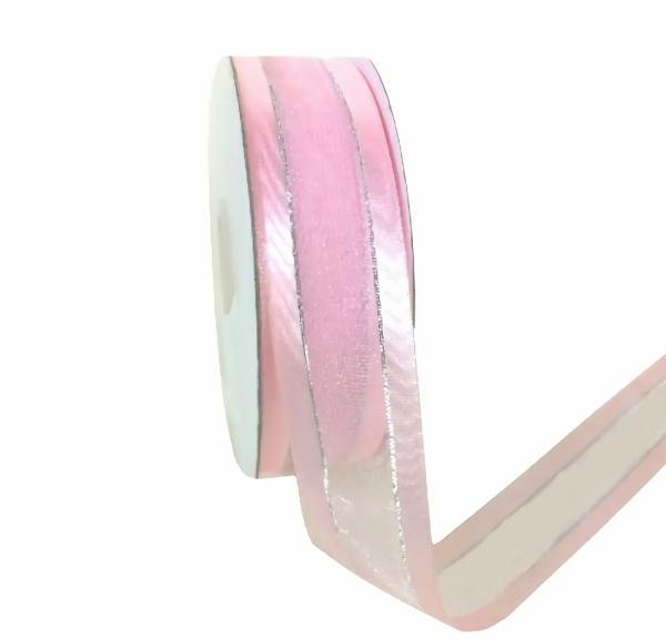 Organza Ribbon | Pink Satin Edge Organza With Silver Thread Ribbon – 25Mm X 25M Organza Ribbon Organza Ribbon