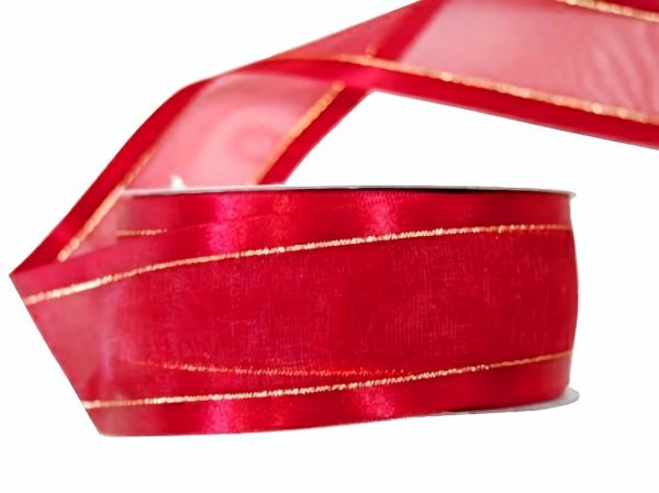 Organza Ribbon | Red Satin Edge Sheer Organza With Gold Trim Ribbon – 38Mm X 25M Organza Ribbon Organza Ribbon