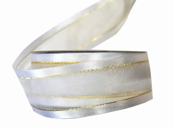 Organza Ribbon | White Satin Edge Sheer Organza With Gold Trim Ribbon – 38Mm X 25M Organza Ribbon Organza Ribbon