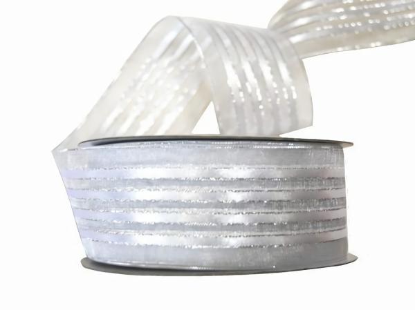 Organza Ribbon | White Sheer Organza Satin Stripe With Silver Trim Ribbon – 38Mm X 25M Organza Ribbon Organza Ribbon