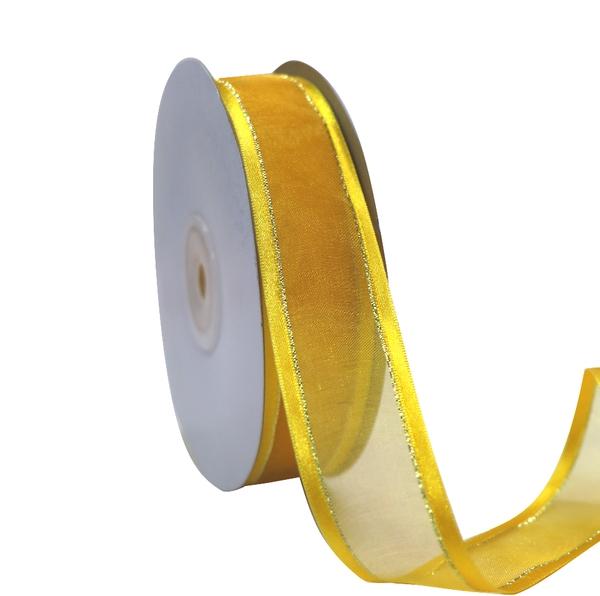 Organza Ribbon | Yellow-Gold Satin Edge Organza With Gold Thread Ribbon – 25Mm X 25M Organza Ribbon Organza Ribbon