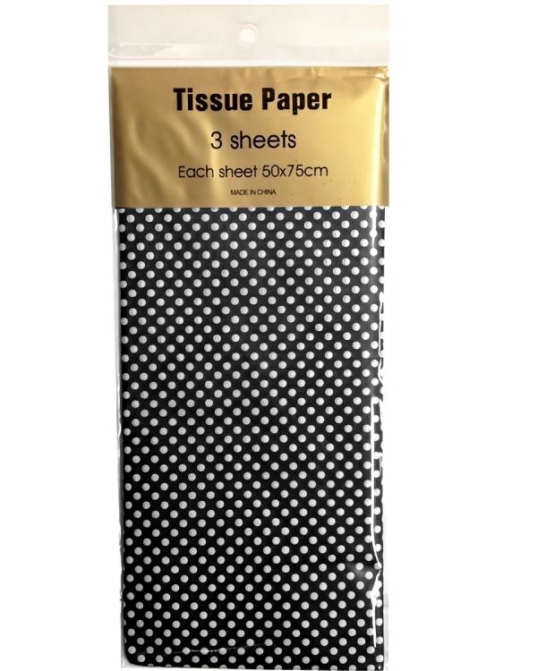 Retail Wrap Packs | Tissue Paper Printed – 3 Sheet – White Dots On Black Gift Wrapping & Tissue Paper Retail Wrap Packs