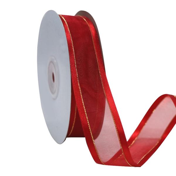 Organza Ribbon | Red Satin Edge Organza With Gold Thread Ribbon – 25Mm X 25M Organza Ribbon Organza Ribbon