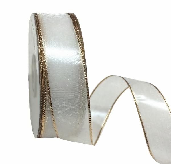 Organza Ribbon | White Sheer Organza Ribbon With Gold Wire Edge – 25Mm X 25M Organza Ribbon Organza Ribbon