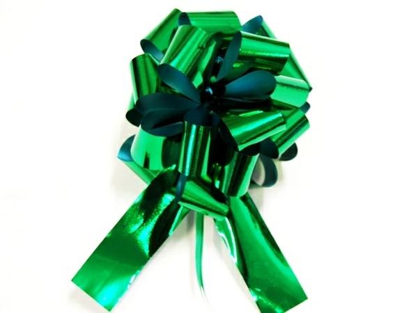 Pom Pom Bows – Pull String | 12 X Pull String Pom Pom Bow – Metallic Green Gift Bows Pom Pom Bows - Pull String