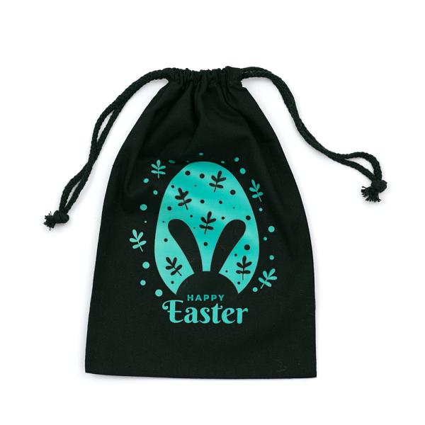 Calico Bags | Easter Bags - Teal Egg - Black Calico Bags 20Cm X 30Cm With Drawstrings