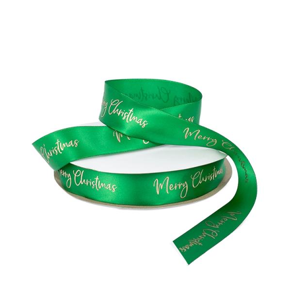 Christmas Ribbons | Gold Merry Christmas On Green Single Sided Satin Ribbon - Woven Edge 25Mm X 45M